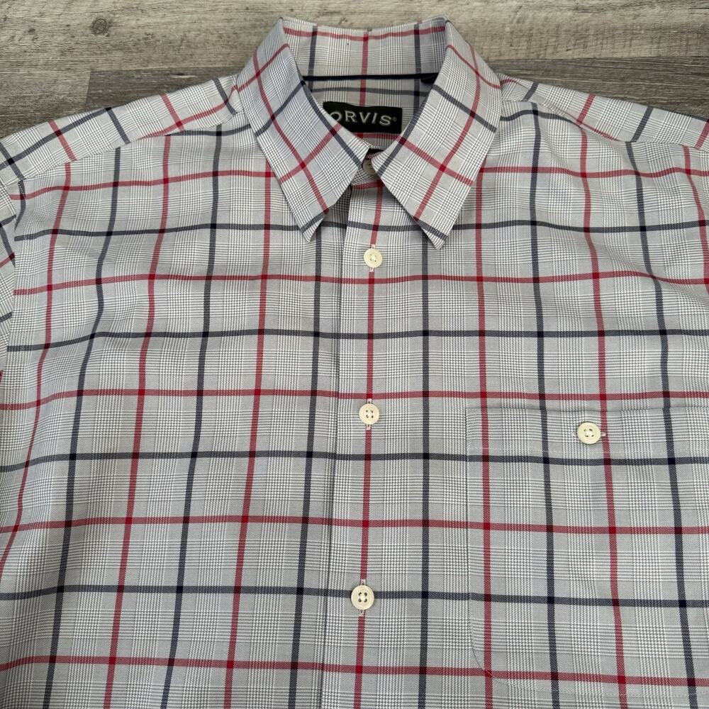 Orvis Shirt Mens Large Gray Plaid Button Up Long Sleeve 100% Cotton Pocket